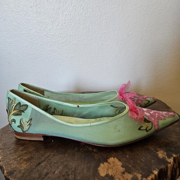 Beverly Feldman Love Diamonds Green Mesh Embroidered Flats with Pink Bows 8.5 M - Picture 3 of 15